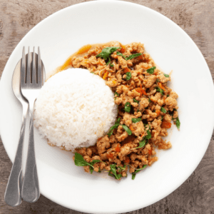 Émincé de porc, "madras" et riz